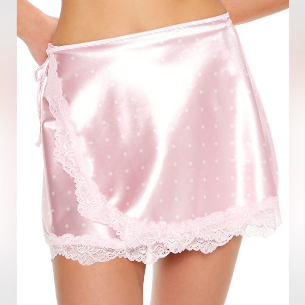 Pink Satin Lace Trim Wrap Mini Skirt